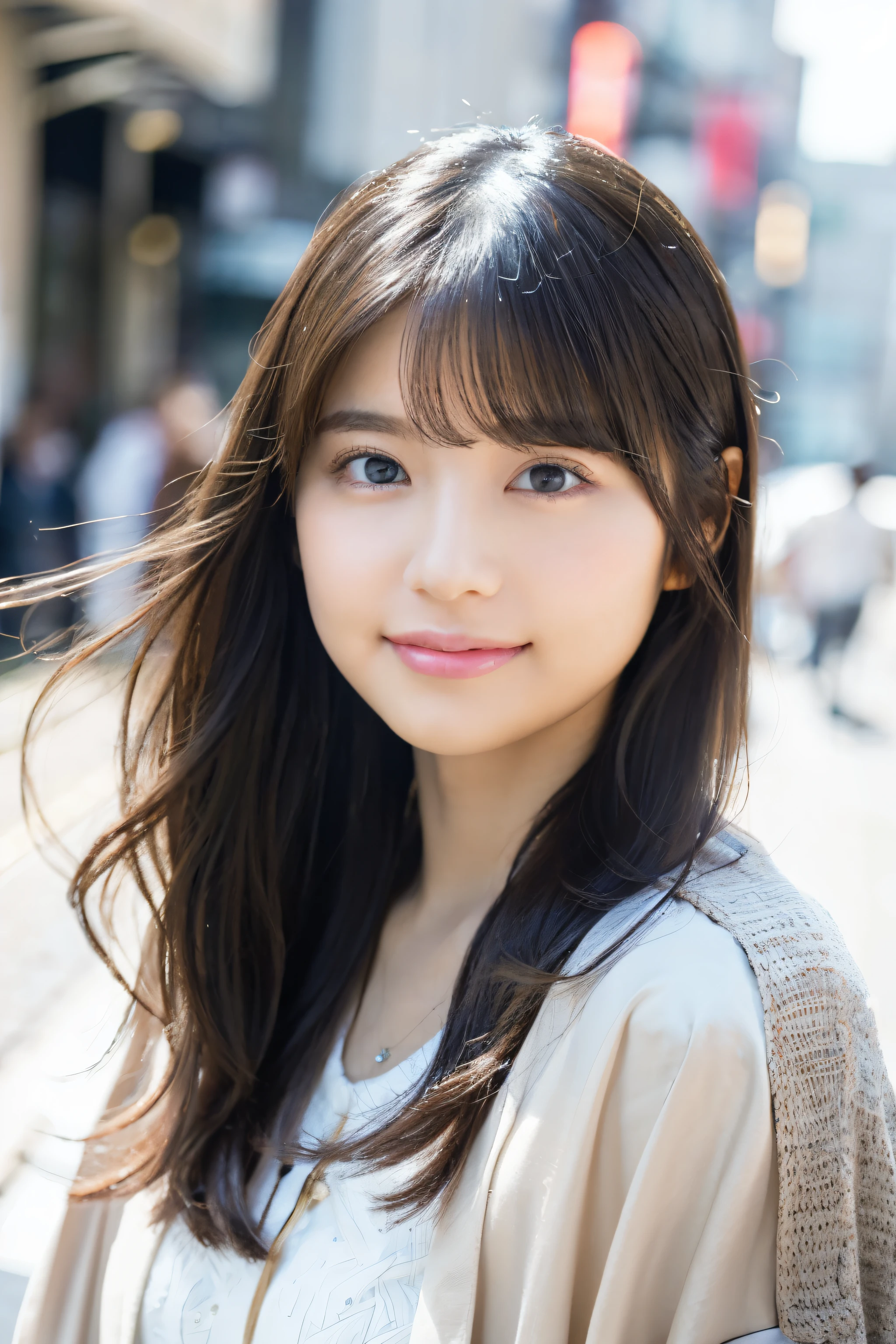 top-quality、white-skinned、Real human skin、(Detailed)、oval-face、pores、超A high resolution、(8K、RAW Photography、Photorealsitic:1.4)、1 girl、Slimed、(A person who sees with calm and goddess-like eyes)Happiness:1.2)、(Lip Gloss、eye lashes、Gloss Face、top-quality、 high resolution、Wide range of lighting、Natural shading)、oversize jacket、Fashion Shirts、Cityscape、Beauty Contest 1st Place、Beautiful eyes、smile、smile
