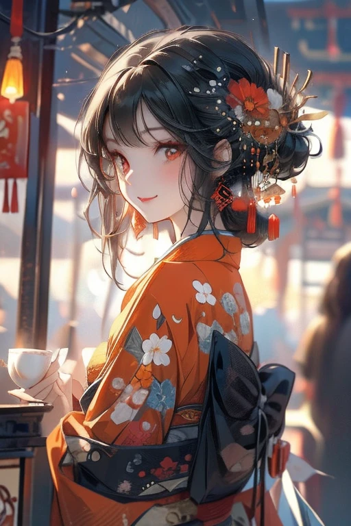 Perfect face. Perfect hands. A black haired woman with orange eyes in a pretty kimono is drinking tea at the shrine with a big smile