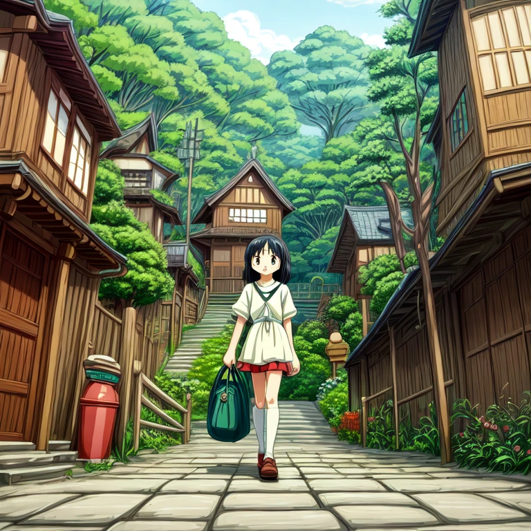 best quality,(masterpiece:1,2),highres,original,perfect lighting,extremely detailed wallpaper,(extremely detailed CG:1.2),Japanese manga style,Studio Ghibli,Hayao Miyazaki style,high saturation,Rich details,A girl carrying a bag walking down the street, (best quality:1.3), (high resolution:1), (detailed:1.3), (excellent:1.3), (perfect:1.3), (perfection:1.3), (Roll cover art:0), (illustration:1.3), Studio Ghibli's artwork