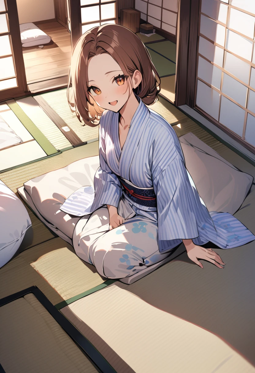 1 girl, bob, center part, forehead, brown hair, piercing, brown eyes,  happy, open mouth,
BREAK (masterpiece), (high resolution 8K), detailed eyes and face, detailed body, 
BREAK yukata,wearing japanese yukata,print light blue stripe yukata,(plain color yukata:1.3),
(a girl sitting on futon :1.5),
(Japanese-style room, tatami, futon ,mattress, pillow:1.3),