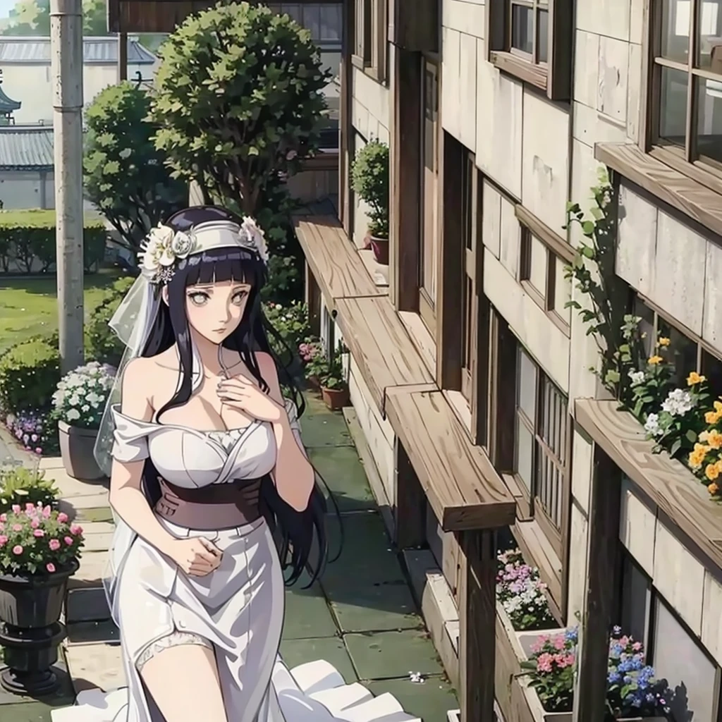 Hinata hyuga with huge breasts in a wedding dress with a huge veil neckline and bouquet in the courtyard of a Japanese temple