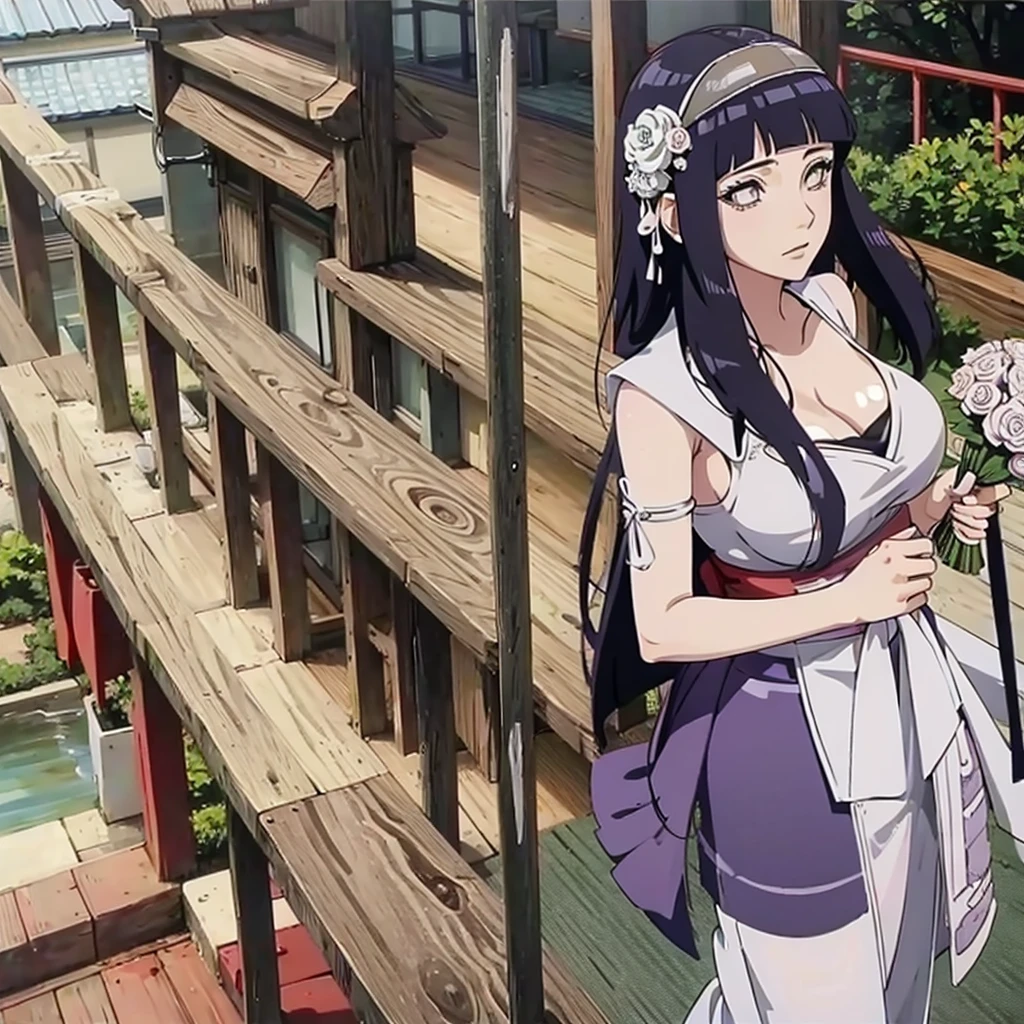 Hinata hyuga with huge breasts in a wedding dress with a huge veil neckline and bouquet in the courtyard of a Japanese temple