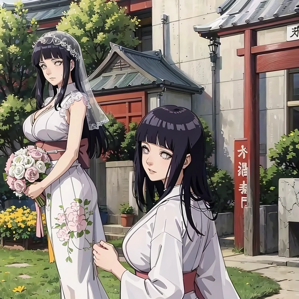 Hinata hyuga with huge breasts in a wedding dress with a huge veil neckline and bouquet in the courtyard of a Japanese temple