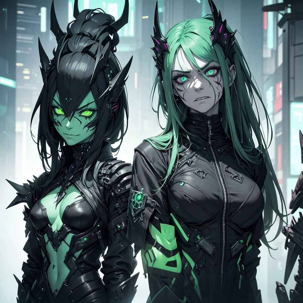 Make a witch from an alien race with necrotic green skin, ugly and with a look of will and anger. she must have black and futuristic clothes. cyberpunk style. ugly, angry, realistic and detailed face. She must be old, with expression marks