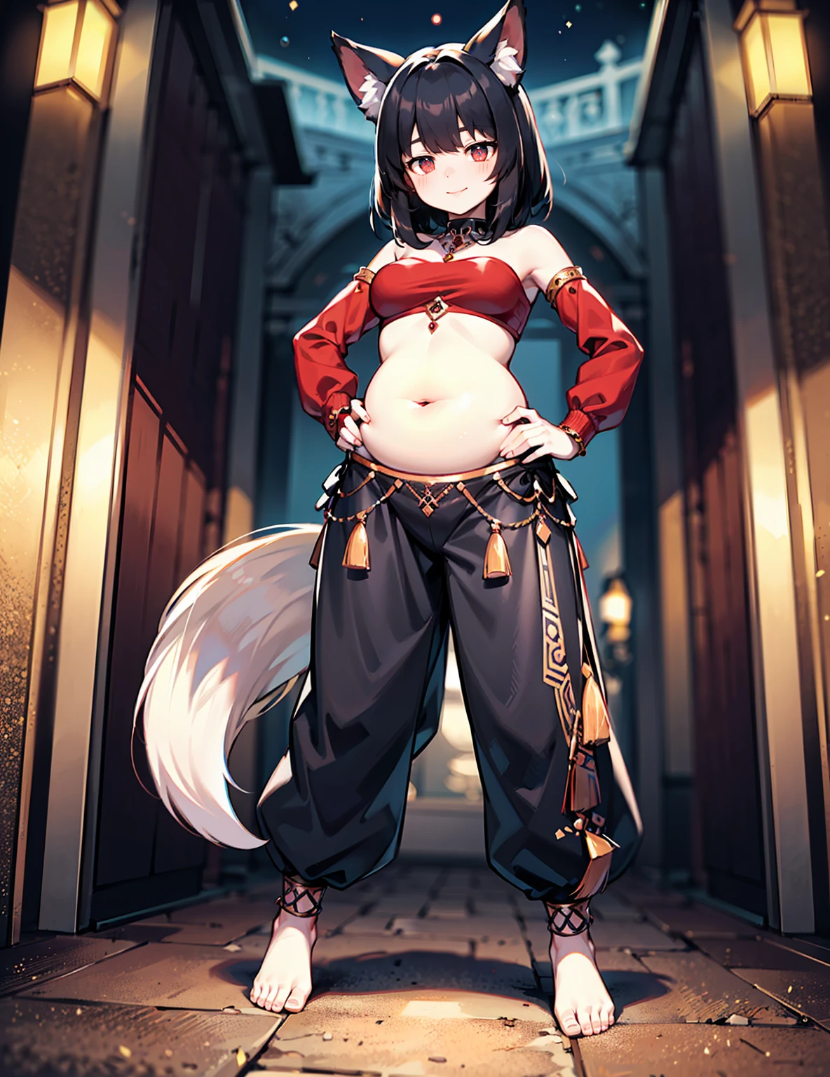 (best quality, ultra-high resolution, depth of field:1.2), (full body shot:1.2), (perfect body:1.2), (medium breasts:1.2), (swollen round belly:1.2), beautiful face, (28 years old), (fox woman), radiant eyes, (red eyes:1.2), (beautiful smile), (black hair), animal ears, (fluffy fox ears), (fluffy fox tail), (strapless top:1.2), (long sleeves:1.2), (wearing a baggy harem belly dance pants:1.2), (bare feet:1.2), (full of jewelry:1.2), night time, (multiple points of views), (standing pose:1.2)