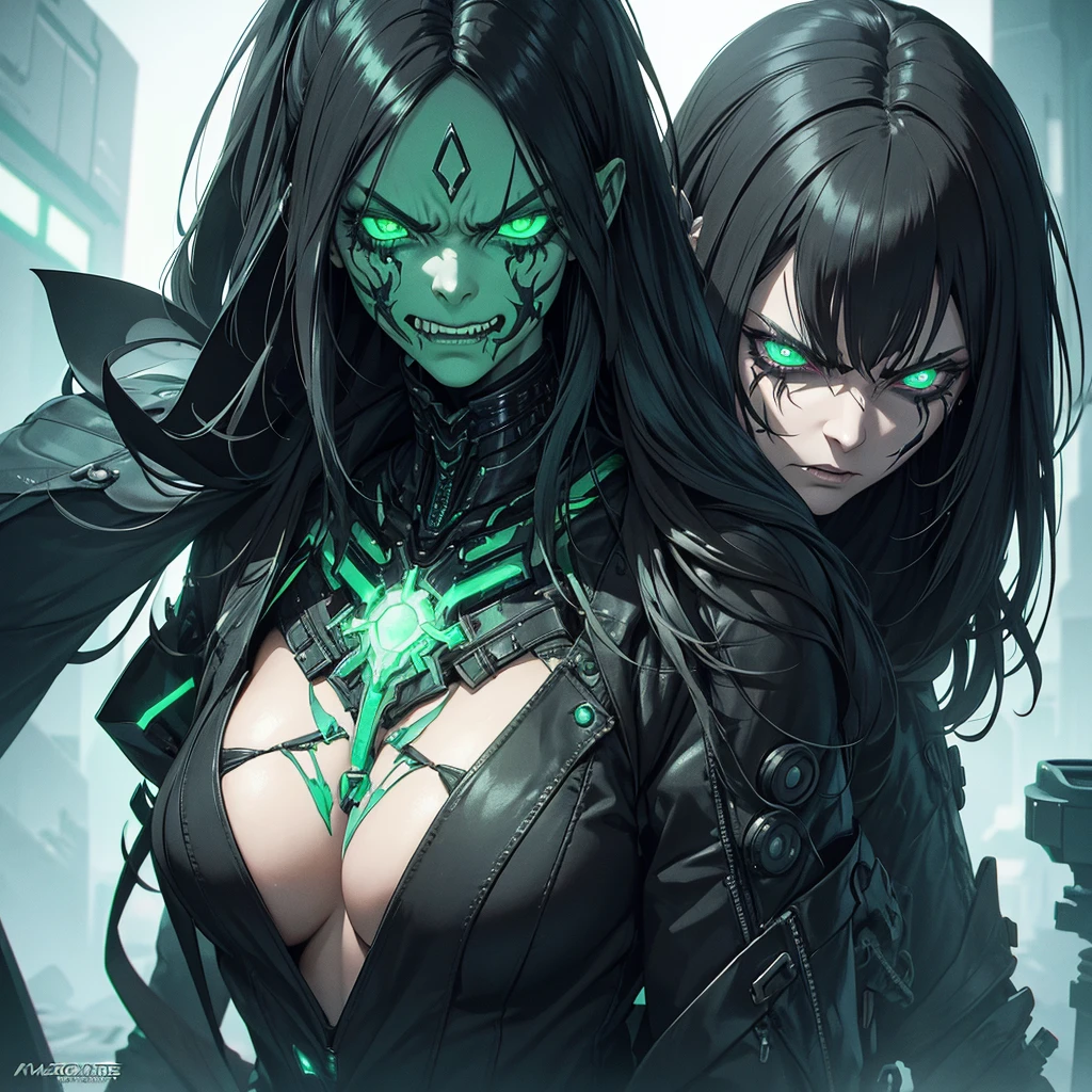 Make a witch from an alien race with necrotic green skin, ugly and with a look of will and anger. she must have black and futuristic clothes. cyberpunk style. ugly, angry, realistic and detailed face. She must be old, with expression marks