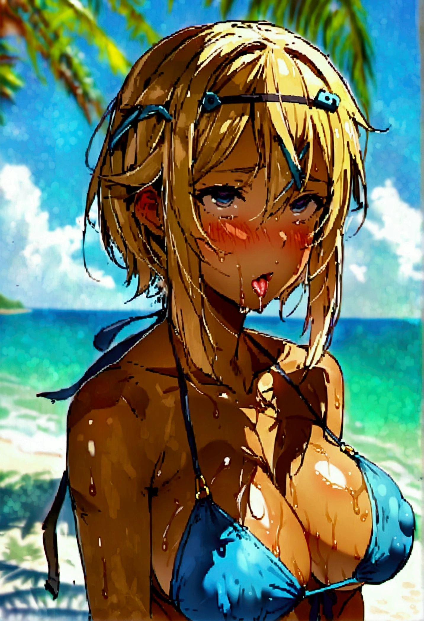 NSFW,masterpiece,Highest quality,High resolution,Very detailed,Sinon\(Sword Art Online\),(High quality sexy halter neck micro bikini), hair ornaments, Hair Clip,Expectant face,Estrus,sexual excitement,blush,(Ahegao),Ocean,Beach,Palm tree,Rock Shade,(Middle-aged men),(Have sex),heart,(Brown Skin),(Sex slave)