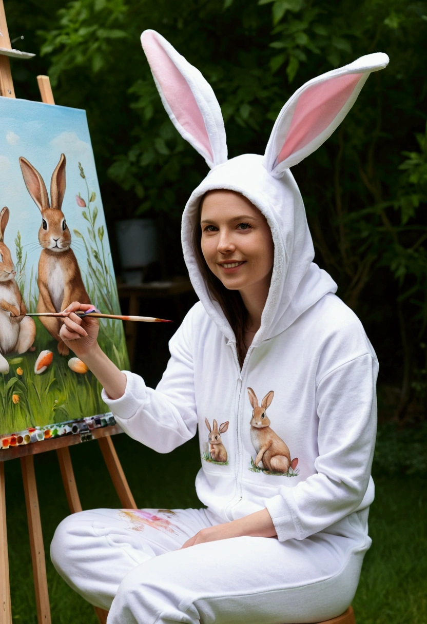 A picture of a person in a rabbit onesie, hosting a rabbit-themed painting session at an outdoor art studio,original,I love rabbit., female