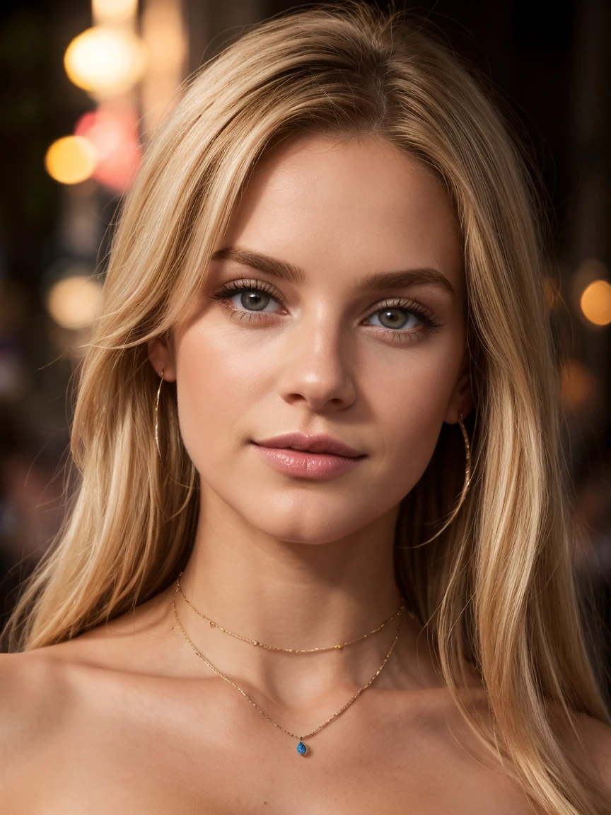 21 ans 1 fille, bare, longs blond hairs, fille mince, Fille britannique, mediuml breasts, regarder le spectateur, fitness model, photo de pose de tout le corps , blond hair, deep neckline, Bare shoulders, Brown eyes, jewels, tout le corps, neckleace, Schulterfly, Chandails, painted lips, realistic, nose, Flirter avec la caméra sur fond lumineux de la ville, photo de nuit, On your side, pink well lit and small, .