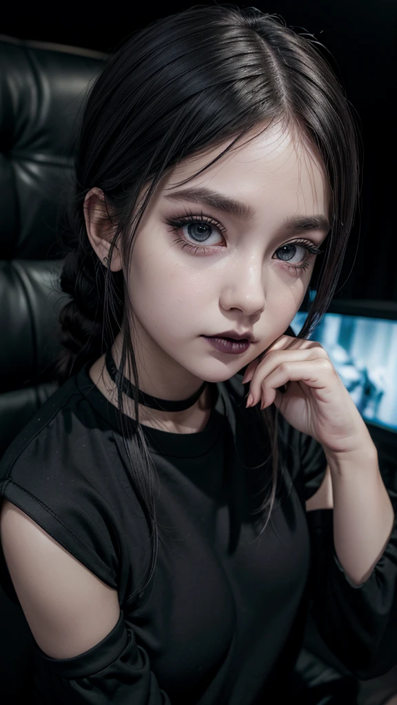 ((best quality)), ((masterpiece)), (detailed), 1girl, Black shirt, leggings, masterpiece, watching TV, ultra detail, black hair, cute, baby face, Gothic, black make up eyes, neck headband, black lipstick, narrowed eyes (cynical), plump, Hair tied, Hand accessories