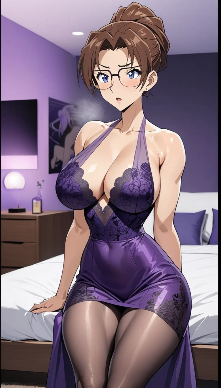 Best quality,masterpiece,brown hair,Purple evening dress,Big breasts,Perfect body,full-body shot,Cool poster,Wearing glasses,36 mature beauties,Single player anime style,seduces a young blackman，（strong and naked black man，short pants，muscle body，bodybuilder），（a young mom with big breasts，narrow waist，bare shoulders，(Purple evening dress， transparent black pantyhose, floral print, naked）background：bedroom，sitting on the bed