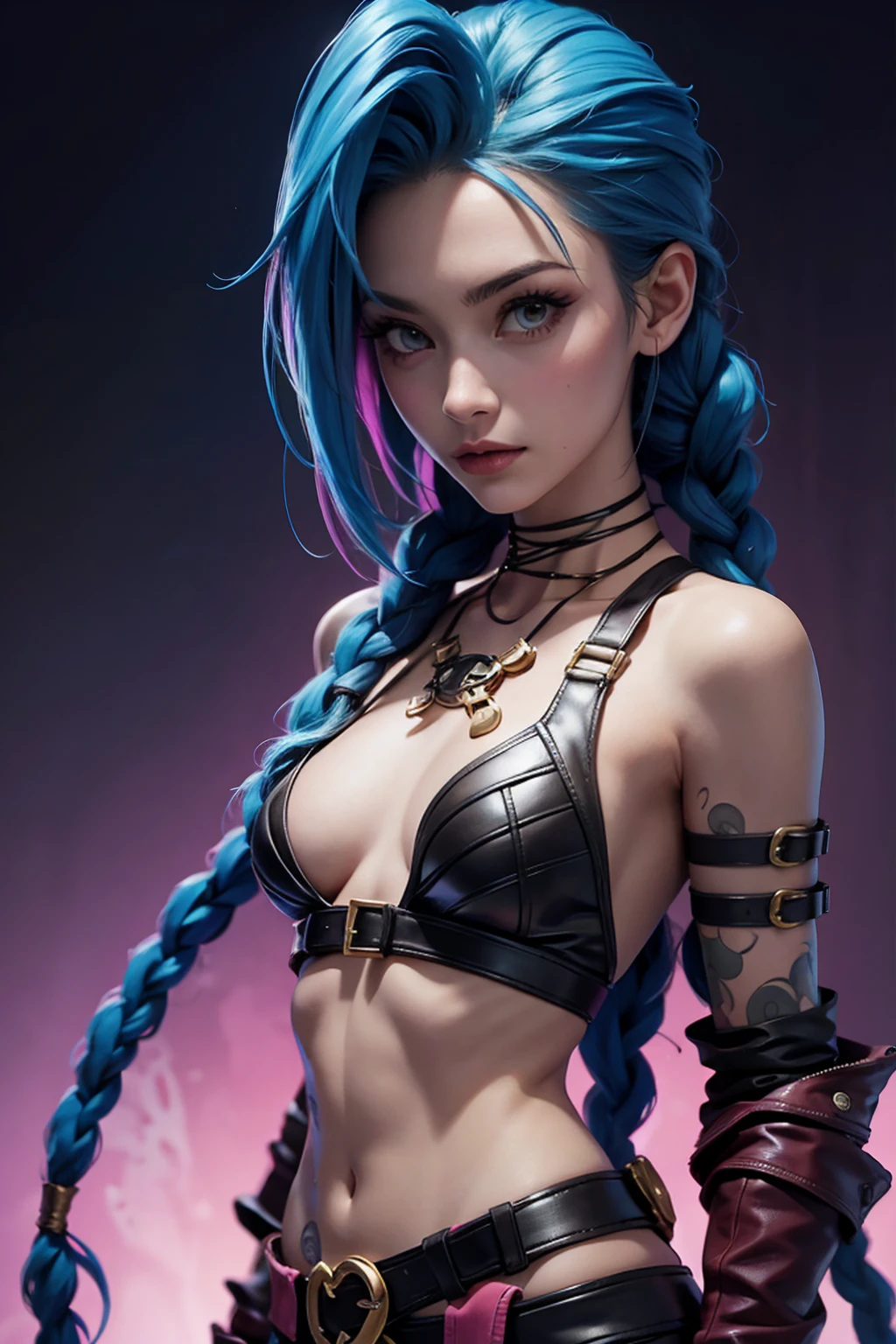 jinx аркано, uma mulher com blue hair e tatuagens, Cyberpunk женщина аниме женщина, trousers, Красивая злая богиня Cyberpunkа, арт-стиль Cyberpunk, Cyberpunk аниме цифровое искусство, cyberpunk anime art, secret jinx Retrato, cyberpunk anime art, искусство на тему Cyberpunkа, Cyberpunk, dark fantasy, mysterious style, 1 girl, Cloud tattoo on arm, asymmetrical bangs, Band, blue hair, blue pigtails, brown shirt, Tattoo cloud, laterally, blue hair, long hair, pink eyes, Red lips, standing , Tattoo cloud, double braids. jinx de arcano. jinx em um lugar em chamas, a spark, spheres of light, movie poster, jinx, secret\(League of Legends\