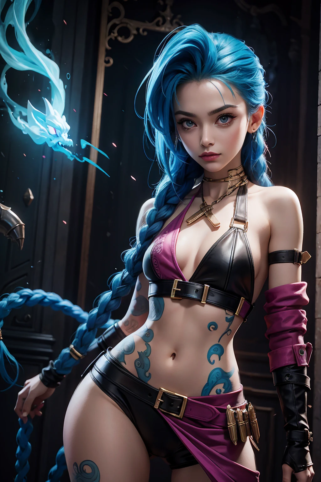 ((Jinx wears a Harajuku Tech costume), Cowboy-shot, wind, tousled hair, (Aesthetics and atmosphere:1.2),smiling, Laugh, from the back, sitting on stool, sexy