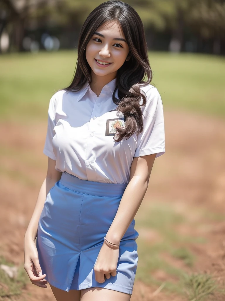 1girl, solo, (uniform), standing, outdoors, zoom out, beautiful scenery, detailed face, seductive smile, detailed eyes, thick breasts, smooth skin, tight white shirt, grey blue short skirt, looking at the audience, low angle shot,(8k, RAW photo, best quality, masterpiece: 1.2), (realistic, realistic: 1.37), ultra-high resolution