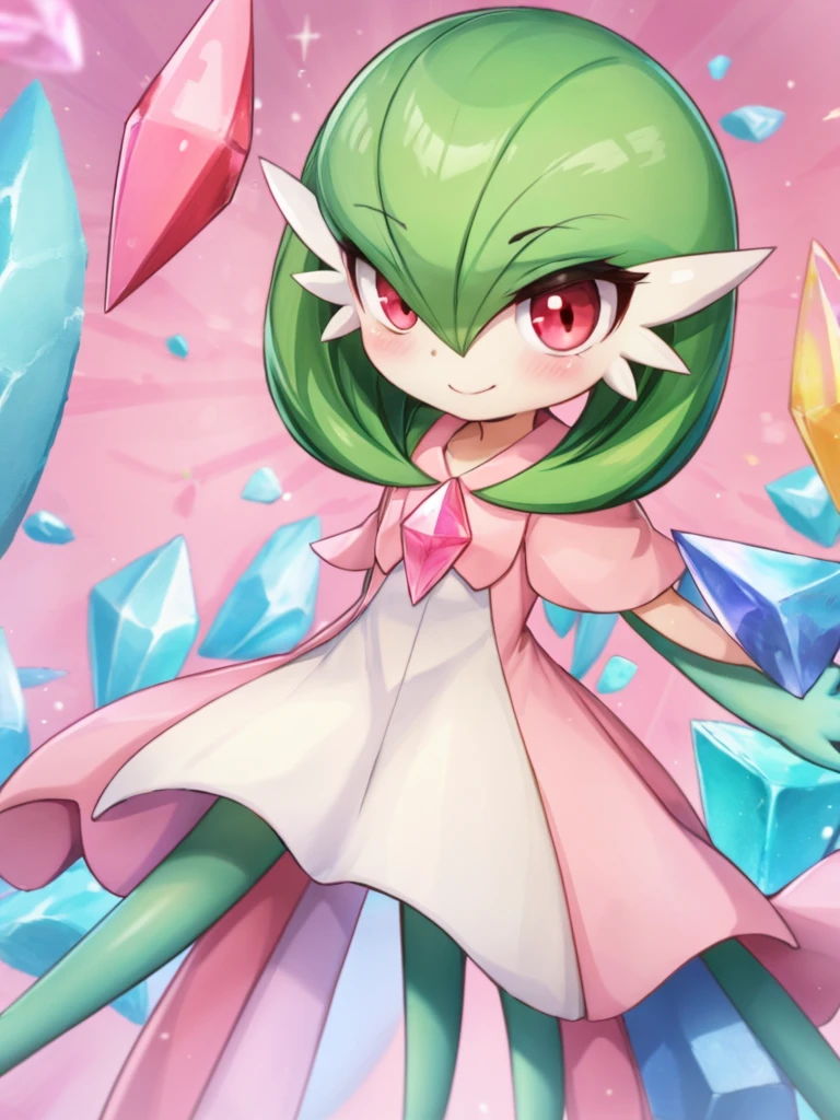 alone,Gardevoir,Green Hair,Flat Chest,smile,Red eyes,Cyan Capsule,(Crystal Forest),Pink Skin,