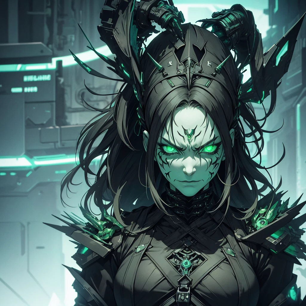 Make a witch from an alien race with necrotic green skin, ugly and with a look of will and anger. she must have black and futuristic clothes. cyberpunk style. ugly, angry, realistic and detailed face. She must be old, with expression marks