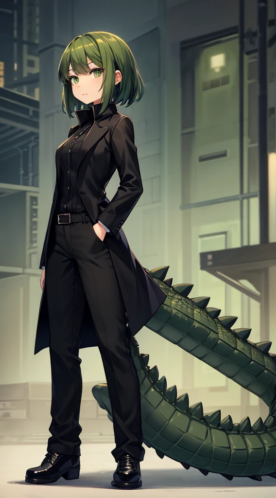 Crocodile girl，Crocodile girl，Crocodile tail，Crocodile tail，长着Crocodile tail的女孩，Dark green hair，Dark green hair，trousers，Black jeans，Standing posture，Black coat，Black coat，Black coat，Crocodile tail