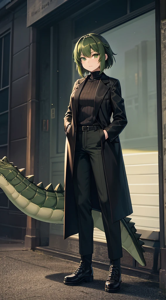 Crocodile girl,Crocodile girl,Crocodile tail,Crocodile tail,长着Crocodile tail的女孩,Dark green hair,Dark green hair,trousers,Black jeans,Standing posture,Black coat,Black coat,Black coat,Crocodile tail
