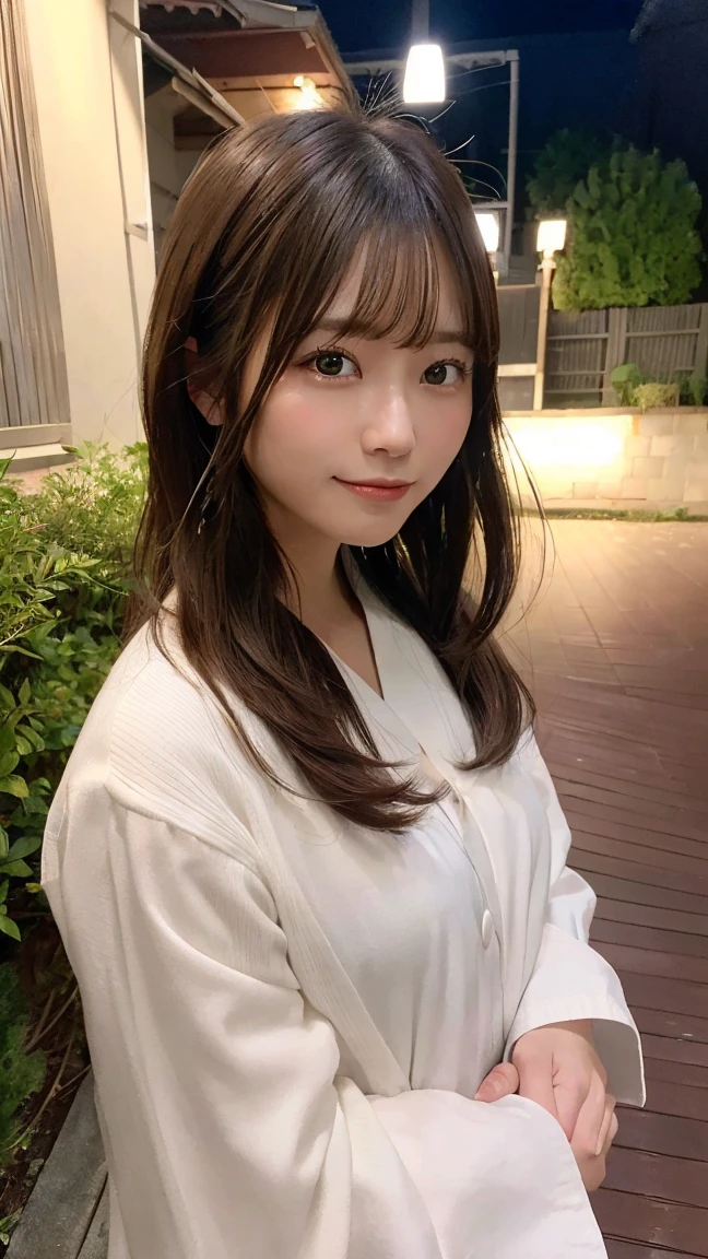 (Highest quality,masterpiece:1.3,High resolution,),(Very detailed,Caustics),(Realistic:1.4,RAW shooting,)Ultra-Realistic Capture,Very detailed,人間の肌に適したHigh resolution16K、 Natural skin texture、、Skin tone is even and healthy looking、 Use natural light and colour,One Woman,Japanese,,cute,Brown Hair,Mid-length hair,(Written boundary depth、chromatic aberration、、Wide range of lighting、Natural Shading、)、(Outdoor lighting at night:1.4)、(Hair swaying in the wind:1)、short hair、Outward flicked edge、、smile、
