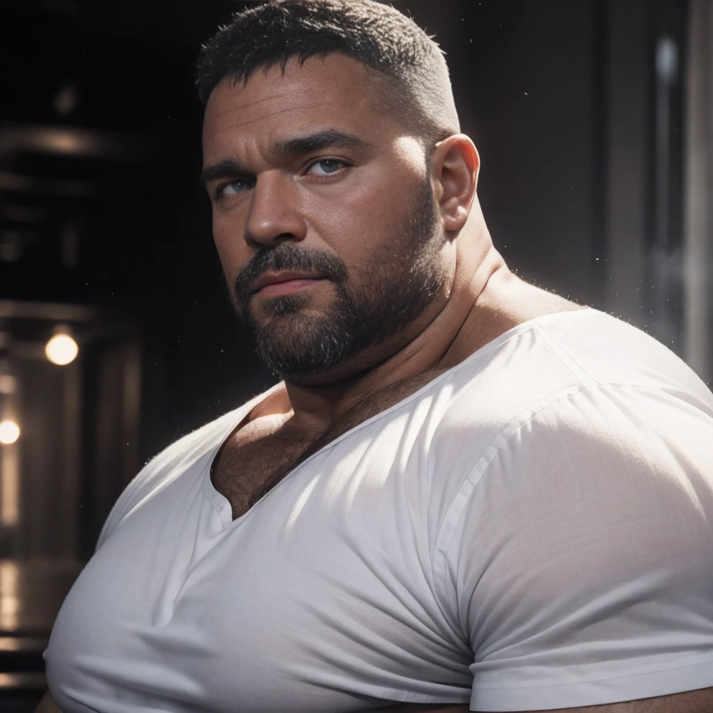An award-winning original photo，A wild fat man, (40 years old daddy:1.1), 1boy, Solo, (white shirt), (top fully opened), (big shoulderusculature, stubbles, Short beard, Beautiful eyes:1.3), (Detailed face:1.3), Dynamic Angle, volumetric lighting, (Best quality, A high resolution, Photorealistic), Cinematic lighting, Masterpiece, RAW photo, Intricate details, hdr, depth of field,extreme close up, 