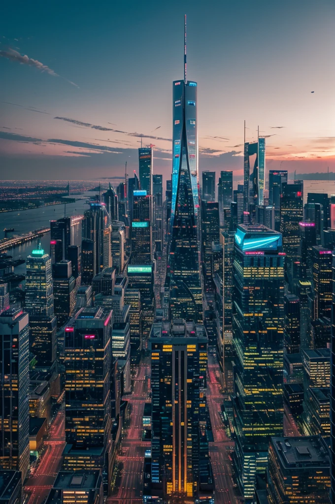 Image prompt: "A futuristic city skyline at dusk, with towering skyscrapers, bustling streets, and neon lights. The city has a mix of modern and industrial elements."