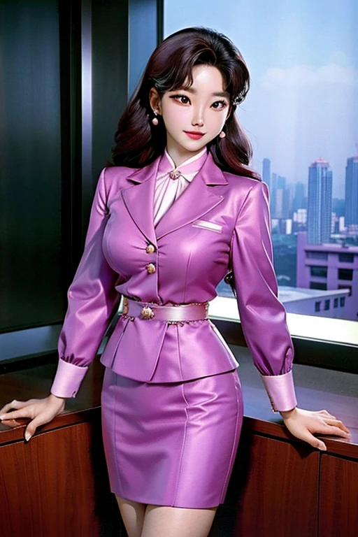 Beautiful S Korea Korean woman in a very 80s women's power business suits in 80s vibrant deep colors with pearls well styled coiffed hair, real person, detailed body, skirt, office lady like a Korean fashion model ullzang and kawaii