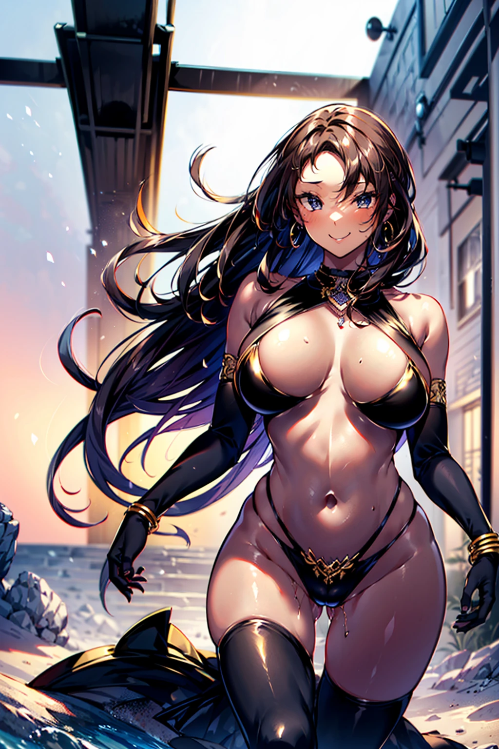 beautiful20歳の黒人スーパーモデル, (alone:1.5), Seductive Weakness々しいsmile, Highest quality, Glamorous Body, detailedな顔, Skin Radiance, Tie the laces of your sandals, Diamond Good, whole body, breast focus, 足を広げてBeachサイドに立っている, comb your hair with your left hand, Sexy model posing, Lean back, Face the sky, (Highest quality:1.4), (beautiful, perfection, detailed, Complex, beautiful:1.2), Cinematic shots, Natural light, Particles of light, sunlight, Atmospheric, Vibrant colors, (Depth of written boundary:1.4), Blurred Background, Bokeh, View your viewers, ((ebony, Dark Skin:1.4, Dark brown skin:1.3)), (perfection face, detailed face, eyeliner, Shiny唇), smile, (Large Breasts, Saggy breasts, big , Tight waist, Big Ass:1.3, Big Hips, Plump thighs), (With gold accessories:1.3, Earrings, bracelet), (Skin Dentition), Outdoor:1.5, Beach:1.3, clear ocean, Wave, Palm tree, (Ultra-high resolution:1.3, 8K RAW Photos, Photorealistic:1.2, Thin contours:1.37), dark mahogany long hair, (Curly Hair:1.5, Wavy Hair:1.5, Shiny), (African Girl:1.3), beautiful成熟した女の子, (fine detailed beautiful eyes), beautiful character, Stylish fashion illustration, ((Correct Anatomy:1.5)), (Sexually:1.2), ((Browsing Caution:1.2)), Completely naked,