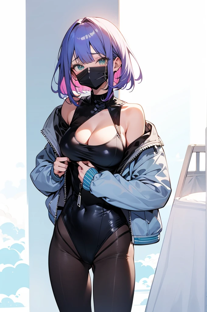 Anime, anime girl, aqua blue hair, purple hair tips, short hair, bangs, green eyes, blushing eyes, half mask, covered mouth, black One Piece, leotard, tights, breasts, big breasts, huge breasts, black panties, beautiful eyes, masterpiece, 4k, high quality, high resolution, hands behind back, long legs, thick thighs, jacket falling off, shoulder, collarbone, cleavage, large breasts, sky background, sky scene, skyline