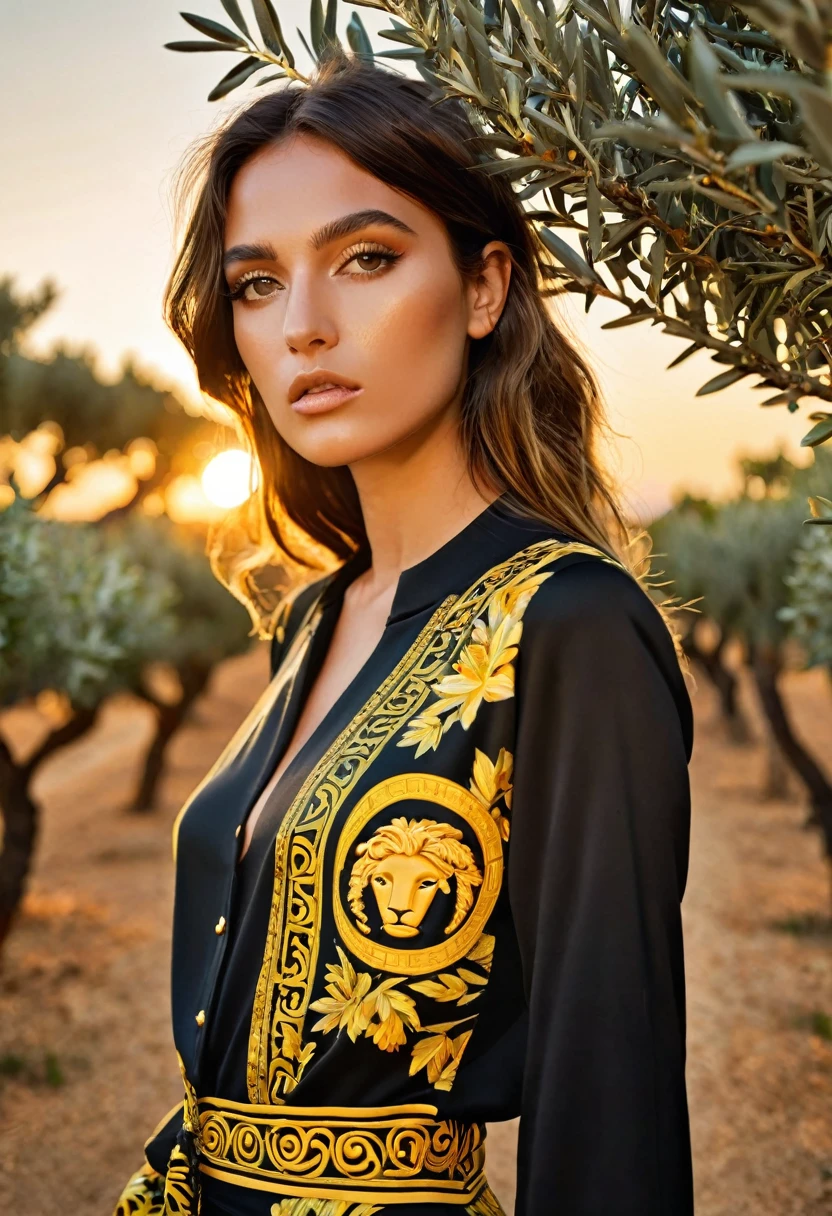 ((best quality)), ((masterpiece)), (detailed), fashion photo shot, sunsetting in the background, young italian woman, wearing Versace apparel. she is looking off at the sunset, olive trees in the distance