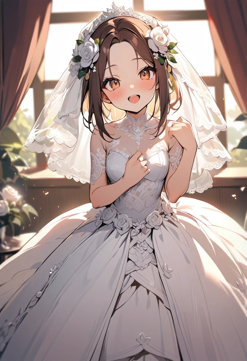 1 girl, bob, center part, forehead, brown hair, piercing, brown eyes, happy, open mouth,
BREAK (masterpiece), (high resolution 8K), detailed eyes and face, detailed body,
BREAK Outfit: (wedding dress,intricate dress, ball gown, bridal veil, bride, curtains, depth of field, dress, flower, hair flower, hair ornament, see-through,white flower, white rose:1.1),