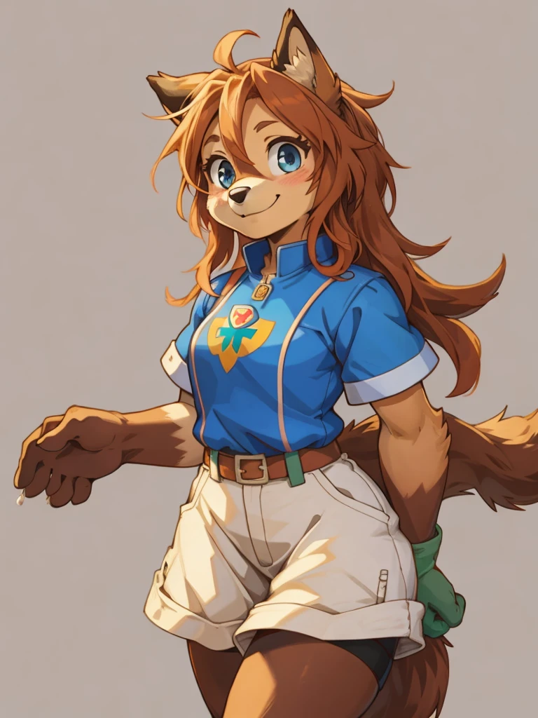 (masterpiece), (best quality), furry,(dog girl),1girl,solo,(sharp focus),((look at viewer)),adult female,(farmer outfit),perfect eyes, dr comet,pochincoff,Pixelsketcher, (mayosplash), (wamudrawasterpiece),cutesexyrobutts,hioshiru,kingbang,ltfoxvixen,shiny skin,detailed brown fur,smile,old school fantasy art,((simple background:1.0)),gray background,Droopy ears,liberty,paw patrol
