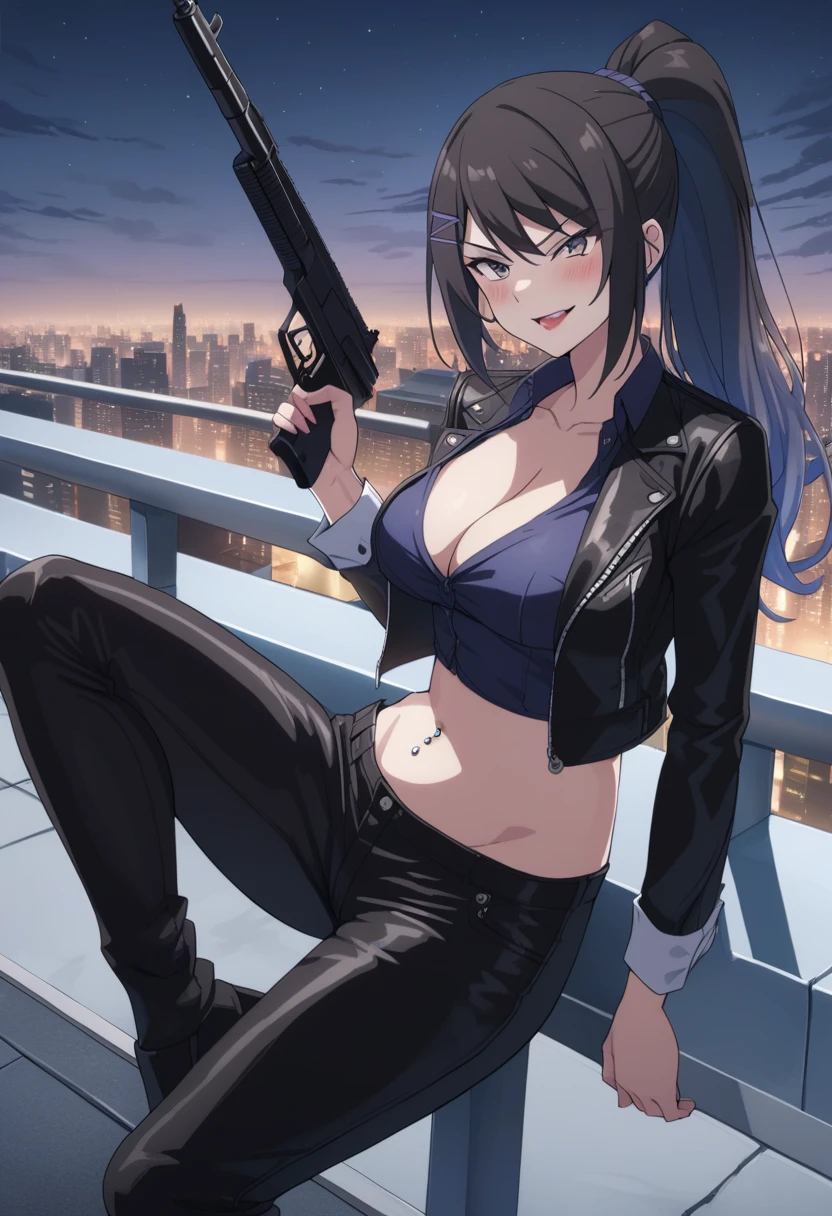 chabashira, 1girl, ponytail, black hair, hairclip, , blush, lipstick, outdoors, rooftop, cityscape, building, railing, night, night sky, scenery,  city lights, blush, lipstick, masterpiece, best quality, highly detailed, a girls with a gun, evil smile , open mouth, sexy gaze, badass
pose , evil smile, smile, (nsfw) not safe for work, guns blazing, anime girl with long hair, beautiful long
haired girl, navel, evil expression, exposed belly, exposed navel, exposed midriff, exposed lower belly,
long black pants, crop top, cleavage, unbuttoned leather pants ,open fly, low rise black leather pants,
leather jacket, holding a gun, holding pistol, navel piercing