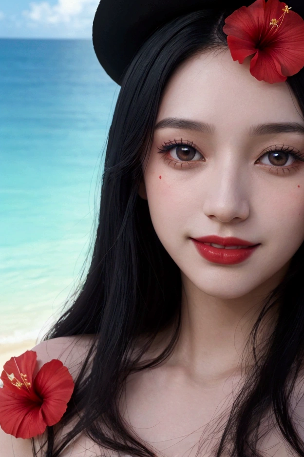 happiness、smile、flower near a body of water, at a tropical beach, wallpaper”, beautiful flower, screen cap, heavens, Ghost Festival, hibiscus, blue sky, cute:2, okinawa japan, riffle, romantic!!!, beach pic, because, honey, peacefull, wallpaper: 1 0 2 4, photo、photoリアリズム, Mark English, Black-haired woman, smile、Wearing a red micro-bikini、 David Mack, Deep colors and dark shadows Jean-Sebastian Rosbach, HD Mixed Media Collage, An illustration, With beautiful colors, woman with hat, Detailed face with red lips, Russ Mills, Red and Blue、((Extremely beautiful face close-up))