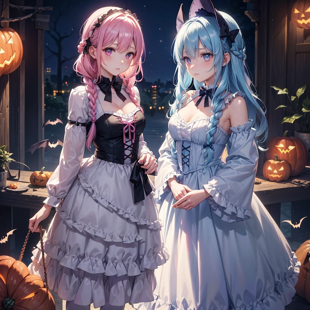 (Light blue medium hair),(Braided hair:1.2)、Pink eyes、Fair skin、cowboy shot、Halloween、The background is a pumpkin ghost、Crescent Moon、Trick or Treat、A lot of sweets、witch、Halloween night、Candy、many bat、Condescending expression、solo、(masterpiece、Highest quality、Very detailed、Best Shadow)、(Detailed Background)、(Beautifully detailed face)、High contrast、(Best lighting、Very delicate and beautiful)、(Cinematic Light)、colorful、Hyper Detail、Dramatic Light、Exquisite detail、