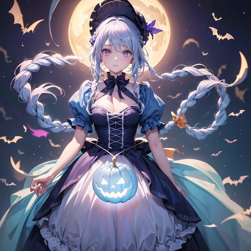 (Light blue medium hair),(Braided hair:1.2)、Pink eyes、Fair skin、cowboy shot、Halloween、The background is a pumpkin ghost、Crescent Moon、Trick or Treat、A lot of sweets、witch、Halloween night、Candy、many bat、Condescending expression、solo、(masterpiece、Highest quality、Very detailed、Best Shadow)、(Detailed Background)、(Beautifully detailed face)、High contrast、(Best lighting、Very delicate and beautiful)、(Cinematic Light)、colorful、Hyper Detail、Dramatic Light、Exquisite detail、