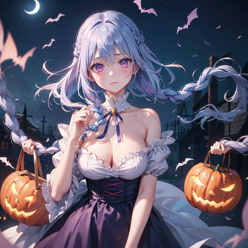 (Light blue medium hair),(Braided hair:1.2)、Pink eyes、Fair skin、cowboy shot、Halloween、The background is a pumpkin ghost、Crescent Moon、Trick or Treat、A lot of sweets、witch、Halloween night、Candy、many bat、Condescending expression、solo、(masterpiece、Highest quality、Very detailed、Best Shadow)、(Detailed Background)、(Beautifully detailed face)、High contrast、(Best lighting、Very delicate and beautiful)、(Cinematic Light)、colorful、Hyper Detail、Dramatic Light、Exquisite detail、