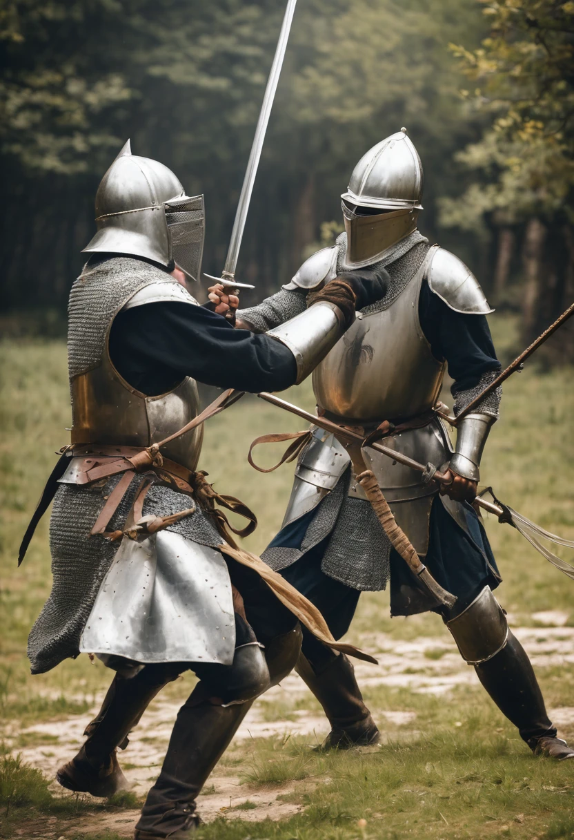 two medieval knights fighting with soft weapons