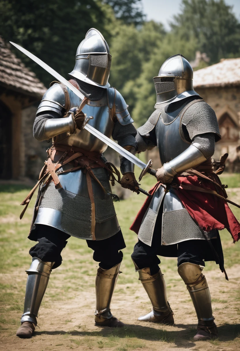 two medieval knights fighting with soft weapons