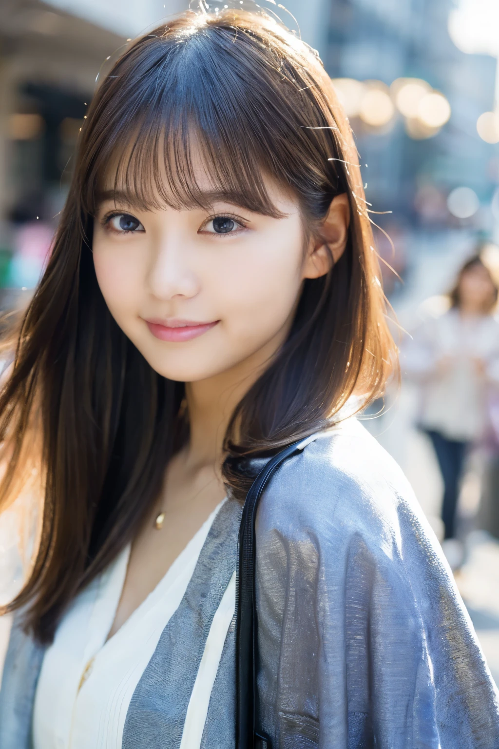 top-quality、white-skinned、Real human skin、(Detailed)、oval-face、pores、超A high resolution、(8K、RAW Photography、Photorealsitic:1.4)、1 girl、Slimed、(A person who sees with calm and goddess-like eyes)Happiness:1.2)、(Lip Gloss、eye lashes、Gloss Face、top-quality、 high resolution、Wide range of lighting、Natural shading)、oversize jacket、Fashion Shirts、Cityscape、Beauty Contest 1st Place、Beautiful eyes、smile、smile