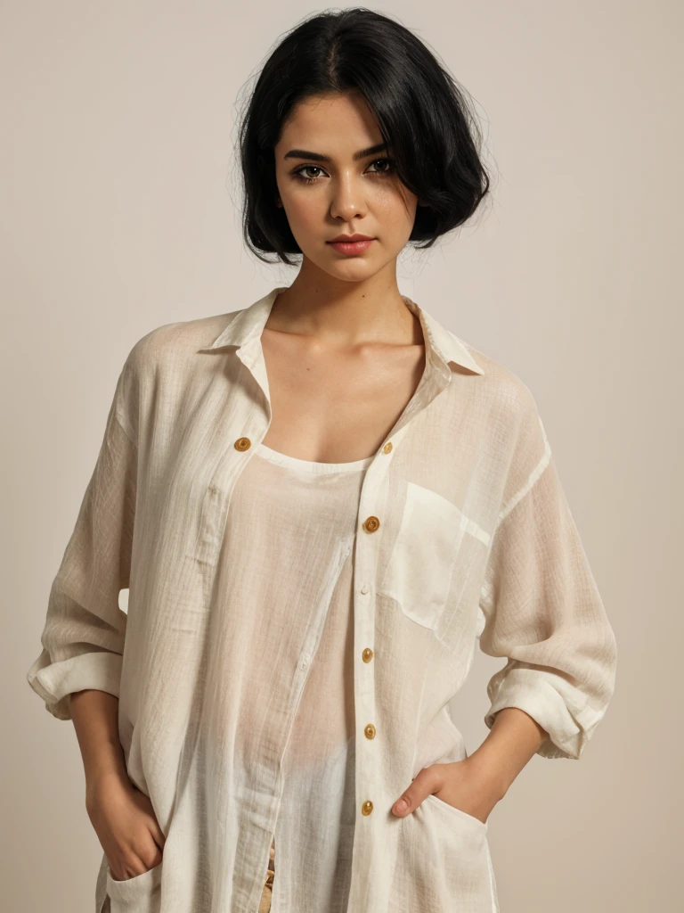 Best quality, masterpiece, ultra high res, (photorealistic:1.5), raw photo, 1 mature Ancient Egyptian girl, (((white oversized linen button shirt))), wide shoulders, in the dark, deep shadow, low key, cold light, sexy look, black Cleopatra's hair (((black hair))), bright eyes, yin sanpaku eyes, eyeshadow, (((plain white background))), cinematic studio lighting