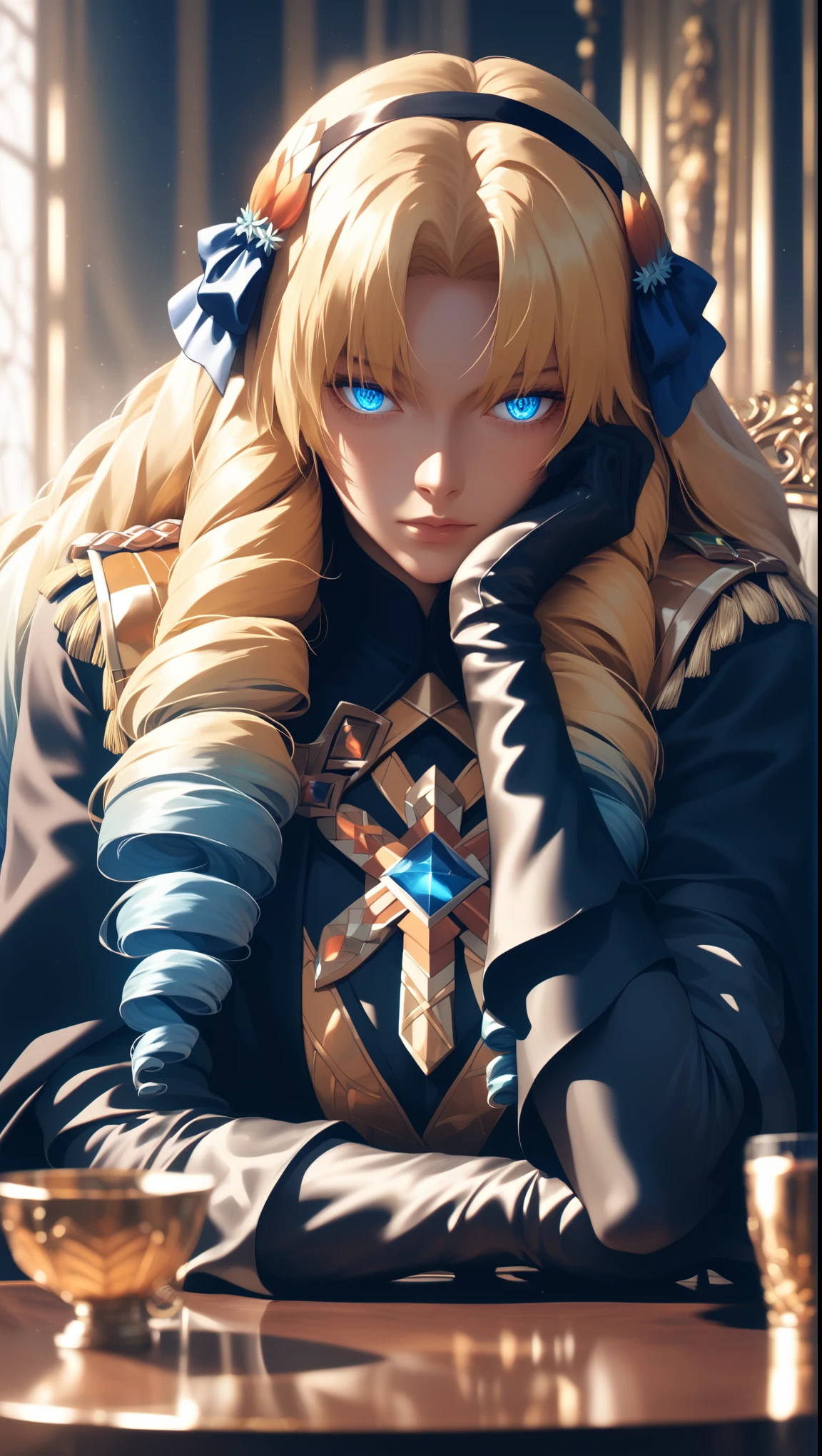 (asura art style:0.7), (hero neisan art style:0.7), score_9, score_8_up, score_7_up, score_6_up, Luviagelita_Edelfelt, blonde hair, long hair, bangs, drill hair, blue eyes, BREAK (masterpiece:1.2), best quality, high resolution, (detailed eyes:1.3), perfect lighting, (perfect hands, perfect anatomy), elbow gloves, head rest, table, cup, black coat, gloves, bokeh, indoors, dim light, reflective, expressionless, looking down, hollow eyes