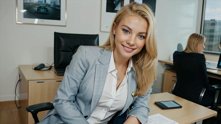 Very attractive blonde woman in an expensive business suit. blue eyes, facing the camera. In an expensive appartment. Sitting in an office chair, facing the camera. Smiling.
