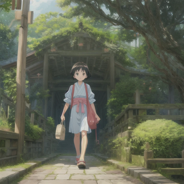 best quality,(masterpiece:1,2),highres,original,perfect lighting,extremely detailed wallpaper,(extremely detailed CG:1.2),Japanese manga style,Studio Ghibli,Hayao Miyazaki style,high saturation,Rich details,A girl carrying a bag walking down the street, (best quality:1.3), (high resolution:1), (detailed:1.3), (excellent:1.3), (perfect:1.3), (perfection:1.3), (Roll cover art:0), (illustration:1.3), Studio Ghibli's artwork