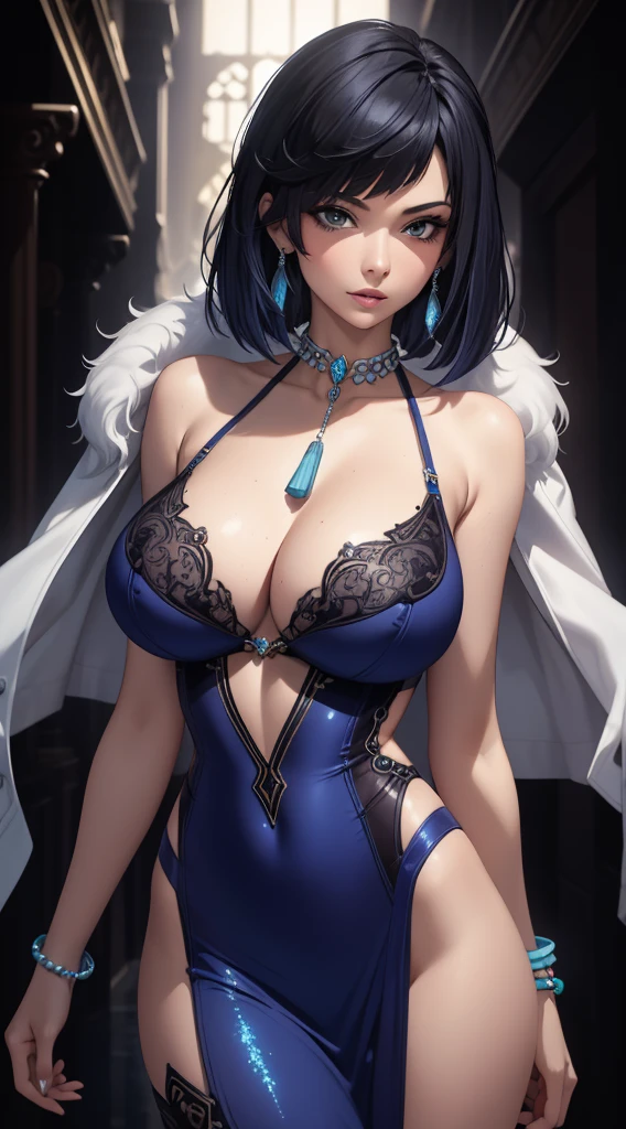 Best quality, masterpiece, realistic, Beautiful sexy cool tall, slim, fit woman, wearing sexy short fancy silver-blue sequin  dress, intricate and highly detailed, big breasts, deep cleavage, bob black hair, body chain, jewelry.