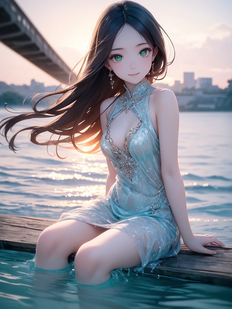 (master piece),(4k),high quality,flat chest,1girl,elf,long green hair,pale skin,beautiful detailed green eyes, (Highly detailed elegant),(girly green clothes),Detailed skin,Add a dramatic and symbolic element to your scene, Silky to the touch, Hyper Detail,romantic,captivating smile, looking at viewer,Depth of Field, (rich and colorful),(sitting by the water), surrounded by running water,The tranquil and dreamy atmosphere gives the whole scene warm and charming temperament,film lighting,glow body