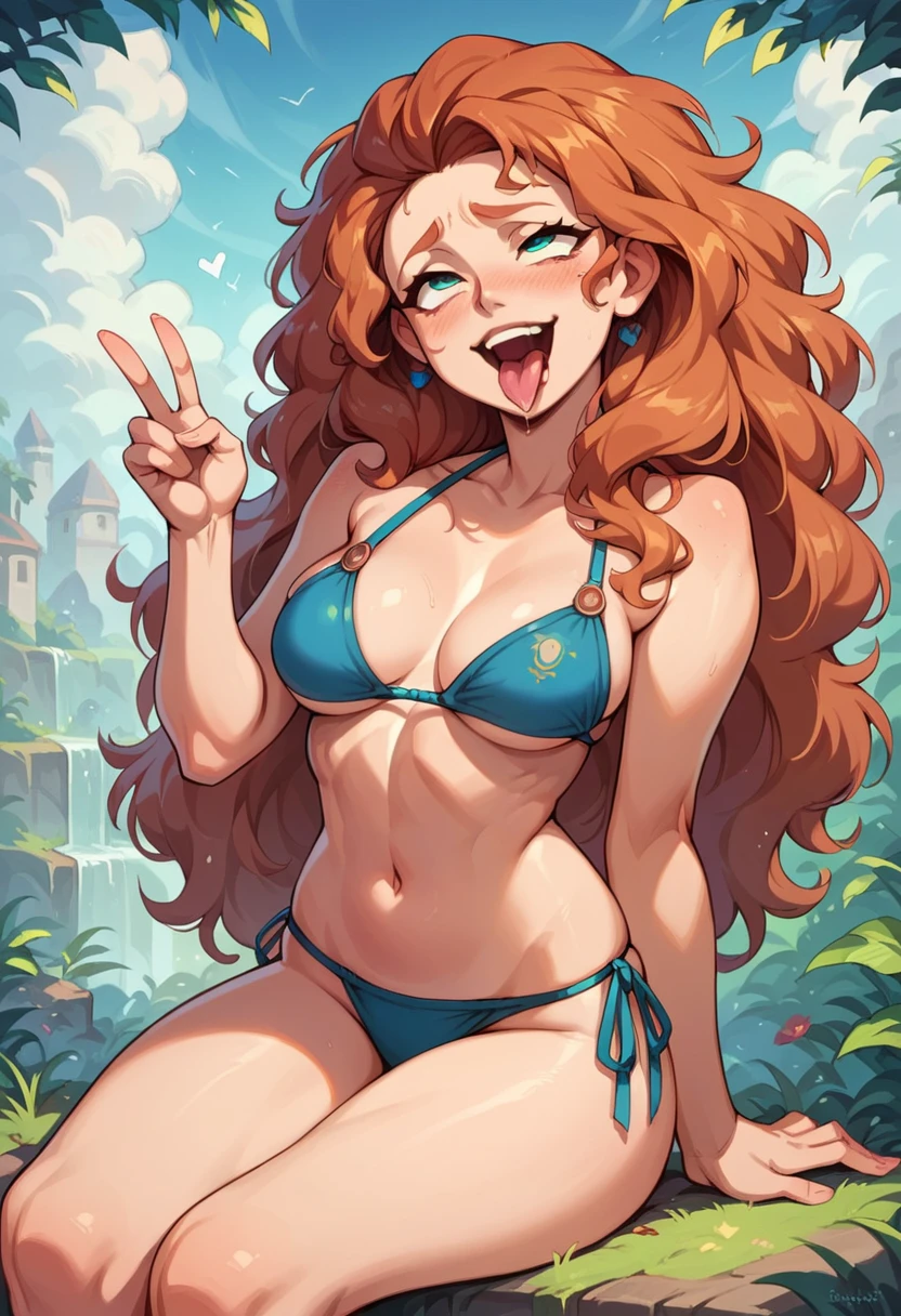 Merida, russet hair, peace sign, ahegao, sitting, gazing at viewer, 正面, ((blue bikini)), pose, best qualityer, no flaws, perfect strokes