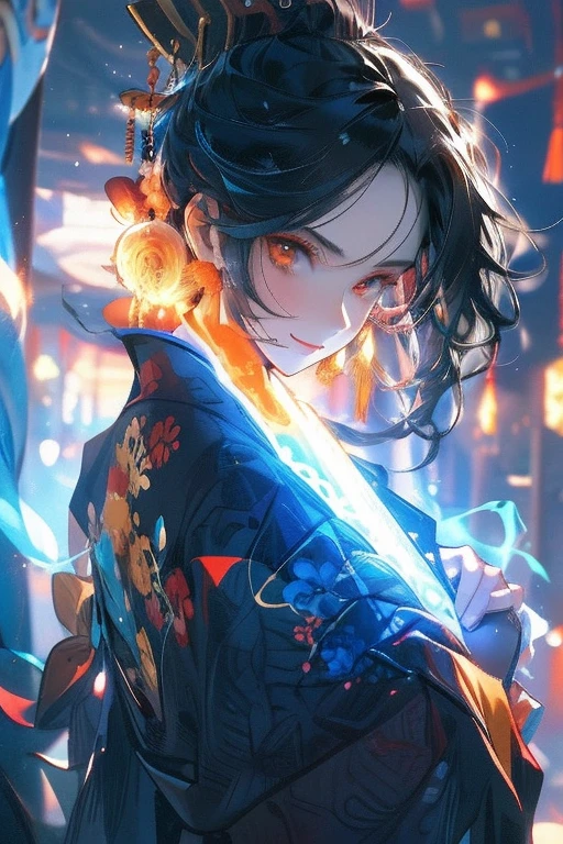 Perfect face. Perfect hands. A black haired woman with orange eyes in a pretty kimono is holding a ball of fire at the shrine with a big smile