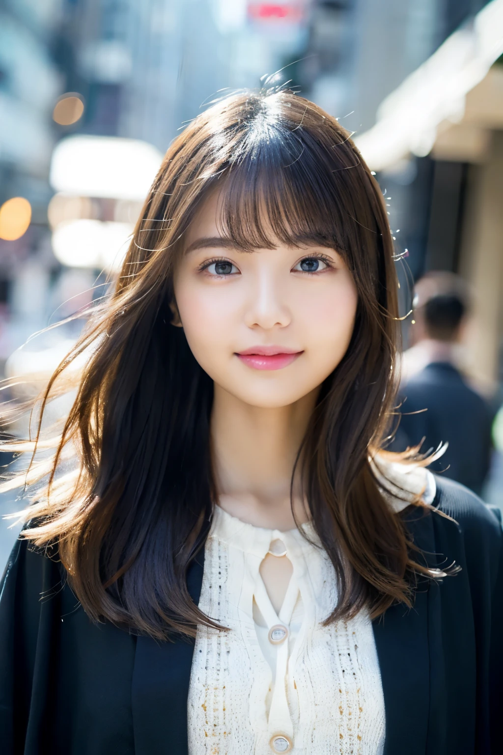 top-quality、white-skinned、Real human skin、(Detailed)、oval-face、pores、超A high resolution、(8k、RAW Photography、Photorealsitic:1.4)、1 girl、Slimed、(A person who sees with calm and goddess-like eyes)Happiness:1.2)、(Lip Gloss、eye lashes、Gloss Face、top-quality、超A high resolution、Wide range of lighting、Natural shading)、oversize jacket、Fashion Shirts、Cityscape、Beauty Contest 1st Place、Beautiful eyes、smile、smile