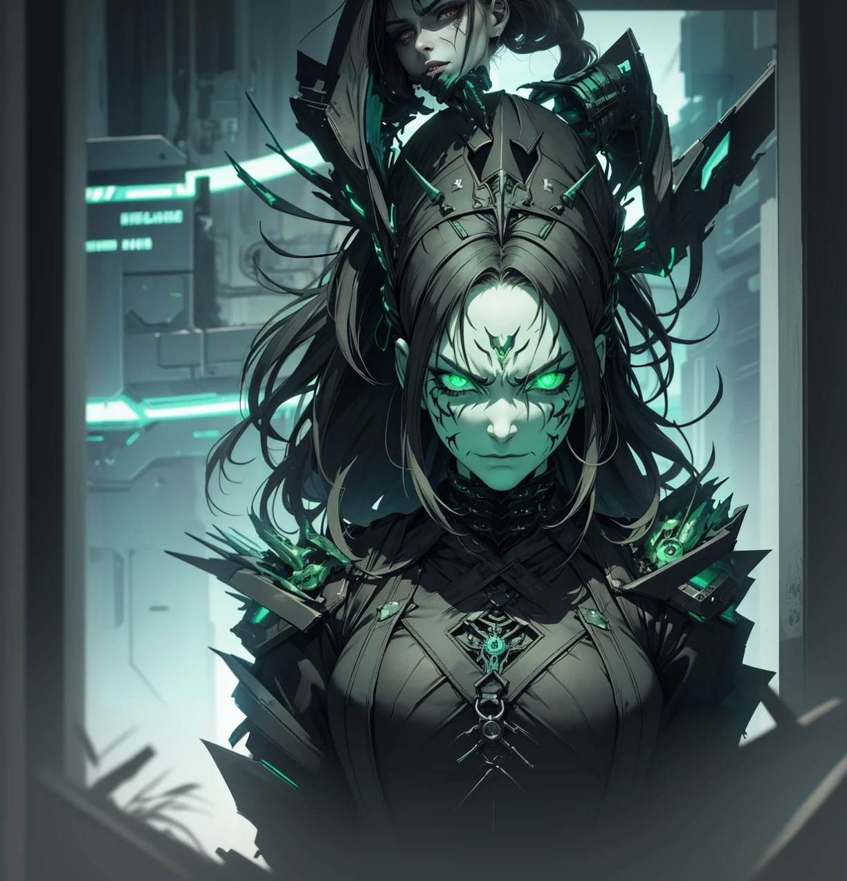 Make a witch from an alien race with necrotic green skin, ugly and with a look of will and anger. she must have black and futuristic clothes. cyberpunk style. ugly, angry, realistic and detailed face. She must be old, with expression marks