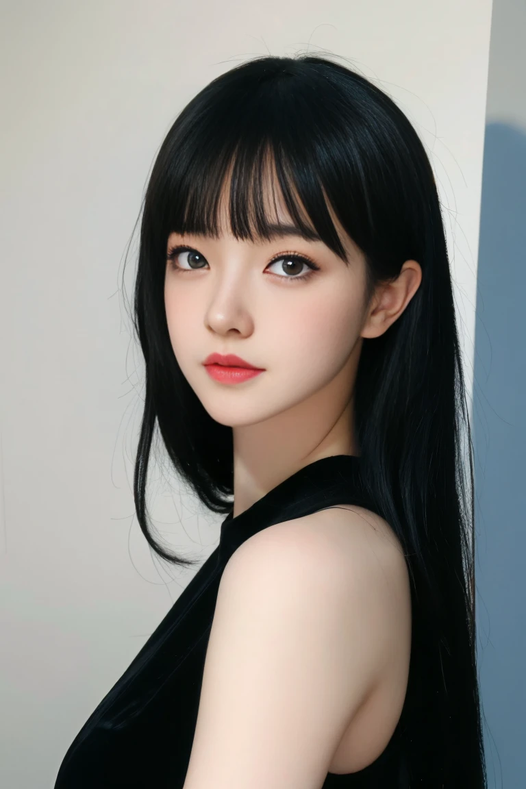 ulzzang-6500-v1.1,(raw photo:1.2),((photorealistic:1.30)), ((best quality)) ,((masterpiece)),((Ultra High Resolution)), ((Clear View)),,Ultra-high resolution,Clear face,（Reality：1.4) ,  illustration, an extremely delicate and beautiful, extremely detailed ,CG ,unity ,8k wallpaper, Amazing, finely detail, masterpiece,best quality,official art,extremely detailed CG unity 8k wallpaper,absurdres, incredibly absurdres, huge filesize, ultra-detailed, highres, extremely detailed,beautiful detailed girl, extremely detailed eyes and face, beautiful detailed eyes,light on face,cinematic lighting,1girl, 独奏, long hair, black hair, bangs, jewelry, Earring, (upper body),((looking at viewer:1.7)),indoors, room, Dress, (black dress:1.3), sitting, Blue eyes, Double eyelids, Blush, flushed cheeks, tatto,